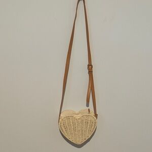 Heart-Shaped Woven Crossbody Bag - Cream and Tan